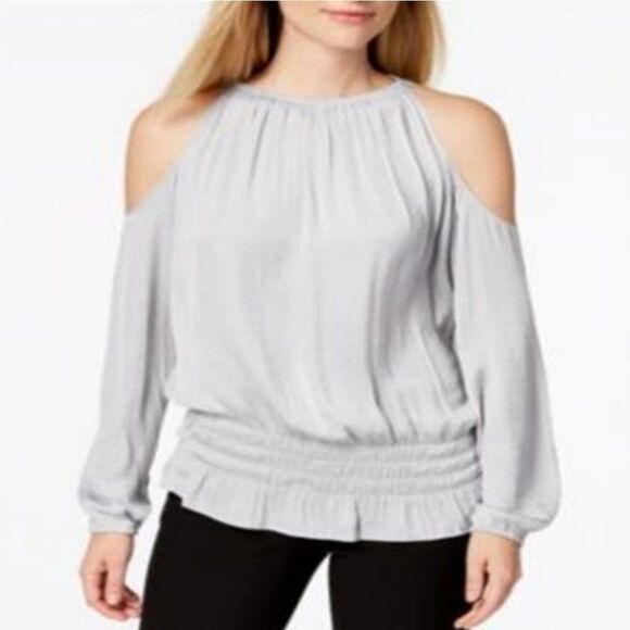🍑Alfani Silver/Gray Cold Shoulder Smocked Long Sleeve Top XSmall - Picture 1 of 11